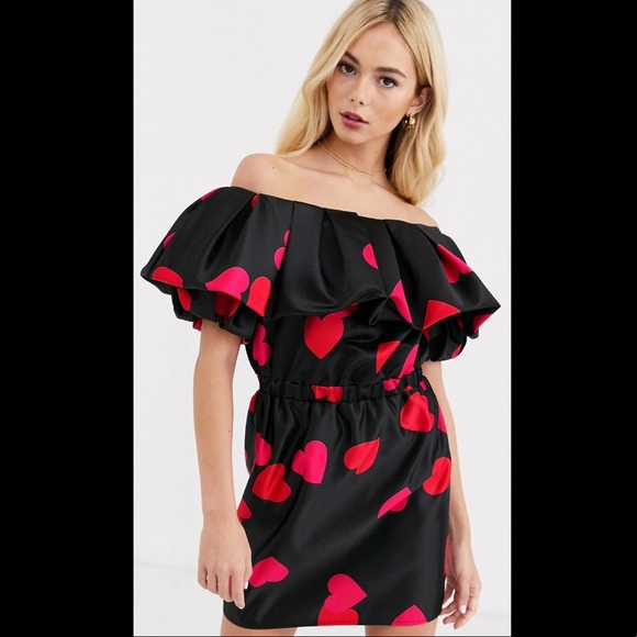 Flounce London puff sleeve Bardot satin mini dress - Picture 3 of 9
